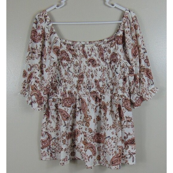 Melloday Boho Paisley Smocked Peplum Top Large Floral Puff Sleeve Cottagecore L - Picture 2 of 10